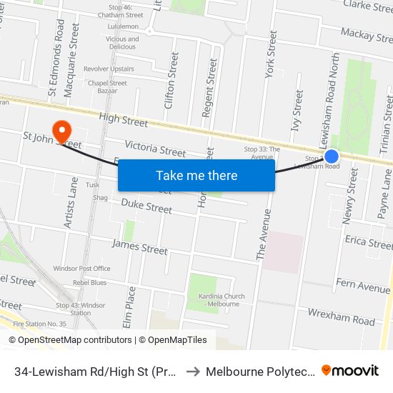 34-Lewisham Rd/High St (Prahran) to Melbourne Polytechnic map