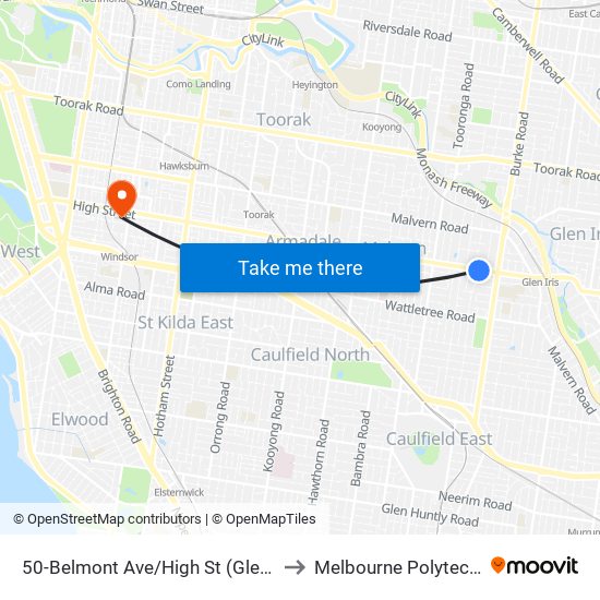 50-Belmont Ave/High St (Glen Iris) to Melbourne Polytechnic map