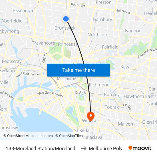 133-Moreland Station/Moreland Rd (Coburg) to Melbourne Polytechnic map