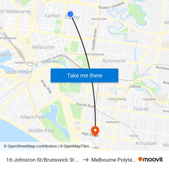 16-Johnston St/Brunswick St (Fitzroy) to Melbourne Polytechnic map