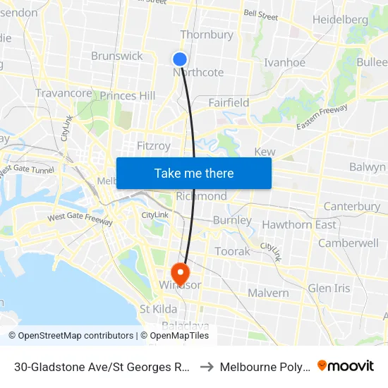 Gladstone Ave/St Georges Rd #30 to Melbourne Polytechnic map