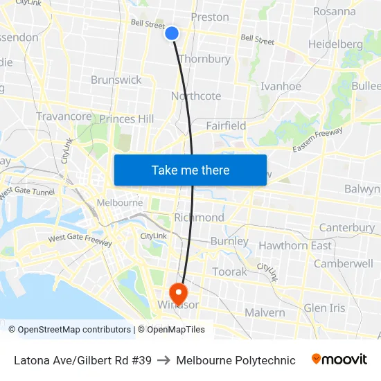Latona Ave/Gilbert Rd #39 to Melbourne Polytechnic map