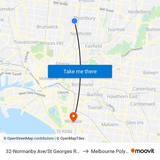 32-Normanby Ave/St Georges Rd (Thornbury) to Melbourne Polytechnic map