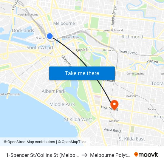 1-Spencer St/Collins St (Melbourne City) to Melbourne Polytechnic map