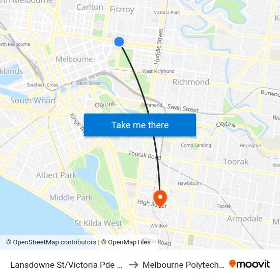Lansdowne St/Victoria Pde #13 to Melbourne Polytechnic map