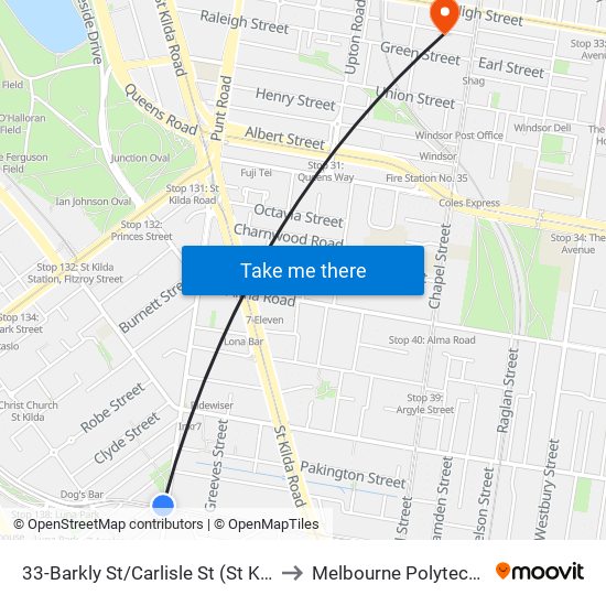 33-Barkly St/Carlisle St (St Kilda) to Melbourne Polytechnic map