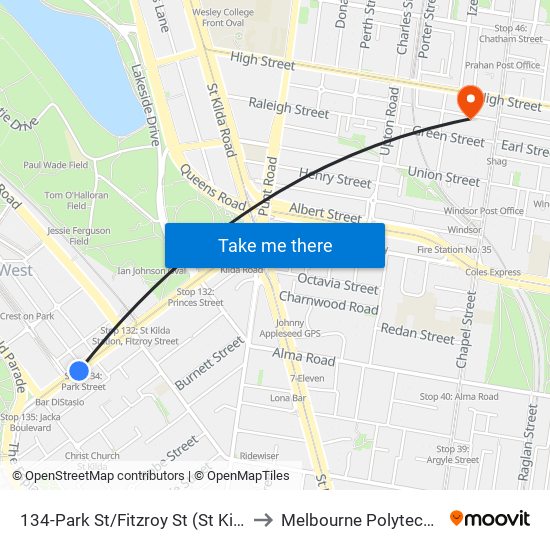 134-Park St/Fitzroy St (St Kilda) to Melbourne Polytechnic map