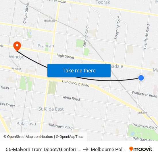 56-Malvern Tram Depot/Glenferrie Rd (Malvern) to Melbourne Polytechnic map