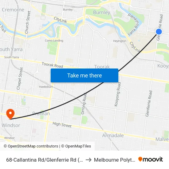 Callantina Rd/Glenferrie Rd #68 to Melbourne Polytechnic map