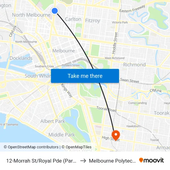 Morrah St/Royal Pde #12 to Melbourne Polytechnic map