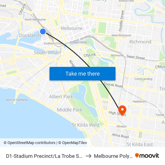 D1-Stadium Precinct/La Trobe St (Docklands) to Melbourne Polytechnic map