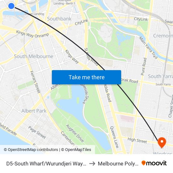 D5-South Wharf/Wurundjeri Way (Docklands) to Melbourne Polytechnic map