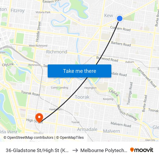 36-Gladstone St/High St (Kew) to Melbourne Polytechnic map