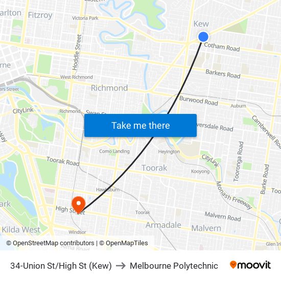 34-Union St/High St (Kew) to Melbourne Polytechnic map