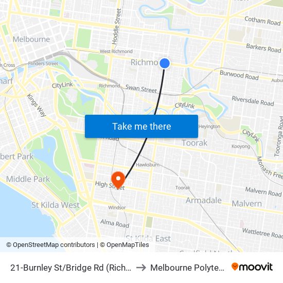 21-Burnley St/Bridge Rd (Richmond) to Melbourne Polytechnic map