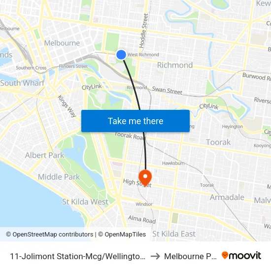 Jolimont Station-Mcg/Wellington Pde #11 to Melbourne Polytechnic map