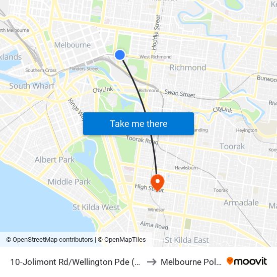 10-Jolimont Rd/Wellington Pde (East Melbourne) to Melbourne Polytechnic map