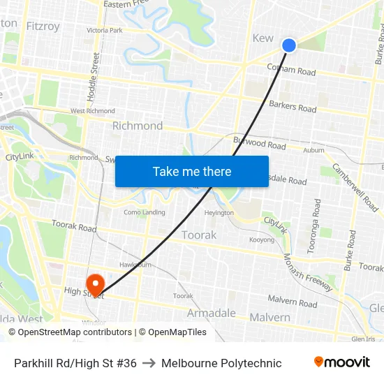 Parkhill Rd/High St #36 to Melbourne Polytechnic map