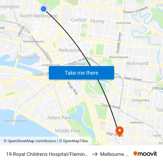 Royal Childrens Hospital/Flemington Rd #19 to Melbourne Polytechnic map