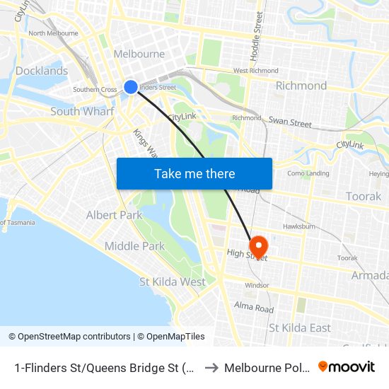 1-Flinders St/Queens Bridge St (Melbourne City) to Melbourne Polytechnic map