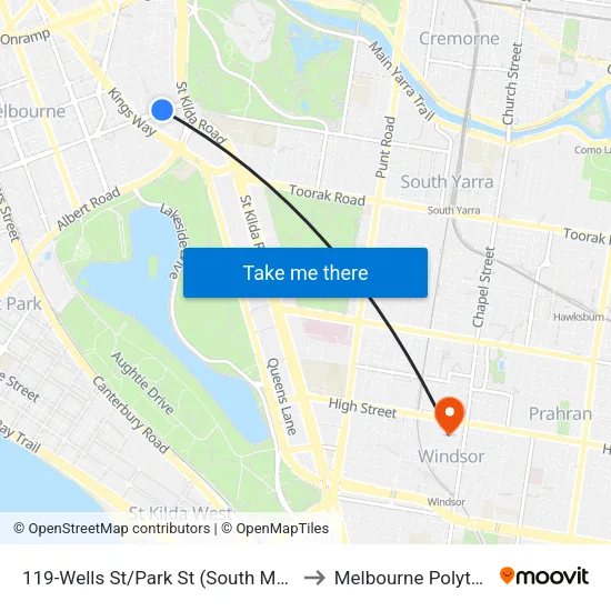 Wells St/Park St #119 to Melbourne Polytechnic map