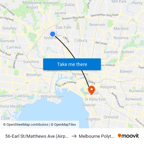 56-Earl St/Matthews Ave (Airport West) to Melbourne Polytechnic map