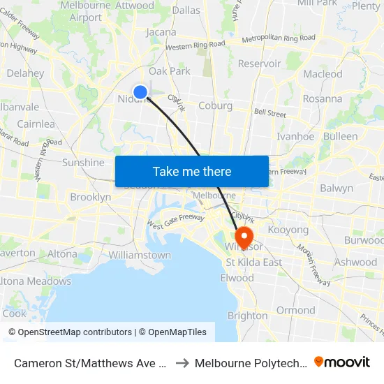 Cameron St/Matthews Ave #55 to Melbourne Polytechnic map