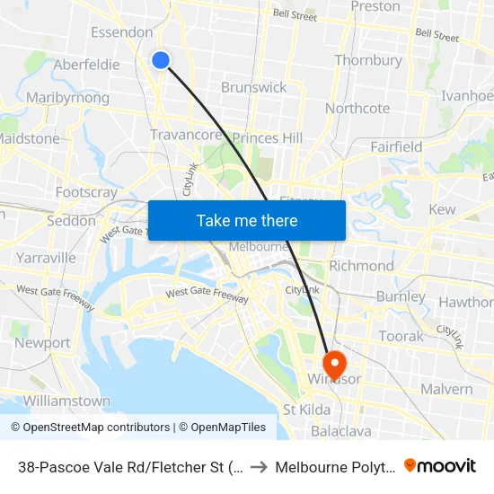 Pascoe Vale Rd/Fletcher St #38 to Melbourne Polytechnic map