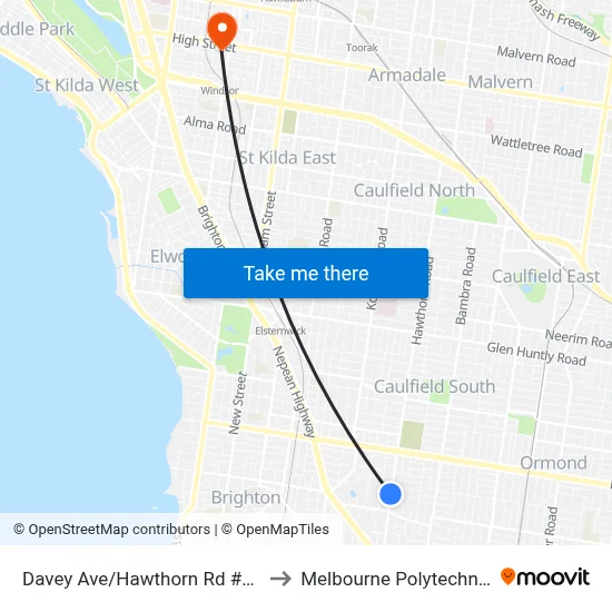 Davey Ave/Hawthorn Rd #65 to Melbourne Polytechnic map