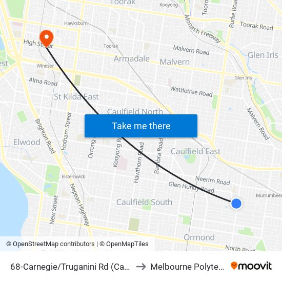 68-Carnegie/Truganini Rd (Carnegie) to Melbourne Polytechnic map