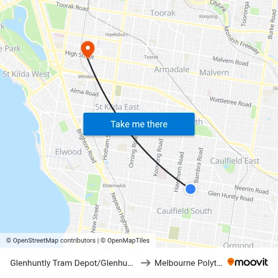 Glenhuntly Tram Depot/Glenhuntly Rd #53 to Melbourne Polytechnic map