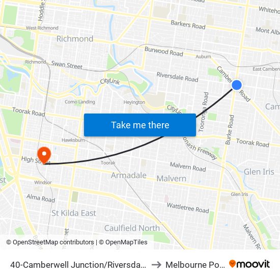 40-Camberwell Junction/Riversdale Rd (Camberwell) to Melbourne Polytechnic map