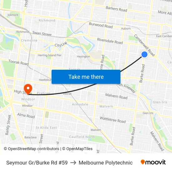 Seymour Gr/Burke Rd #59 to Melbourne Polytechnic map