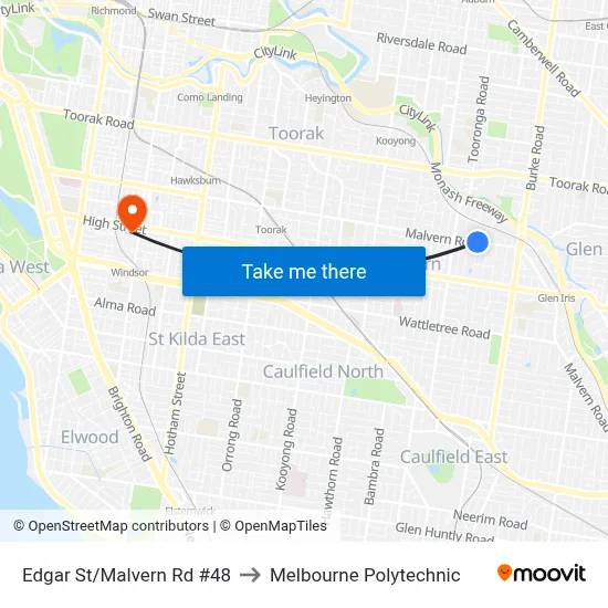 Edgar St/Malvern Rd #48 to Melbourne Polytechnic map