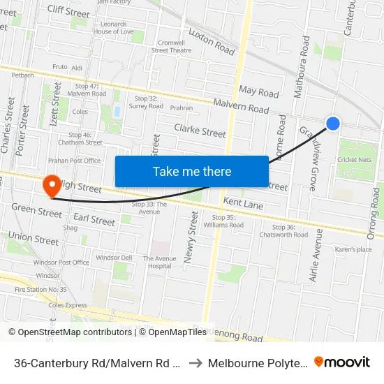 Canterbury Rd/Malvern Rd #36 to Melbourne Polytechnic map