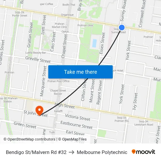 Bendigo St/Malvern Rd #32 to Melbourne Polytechnic map