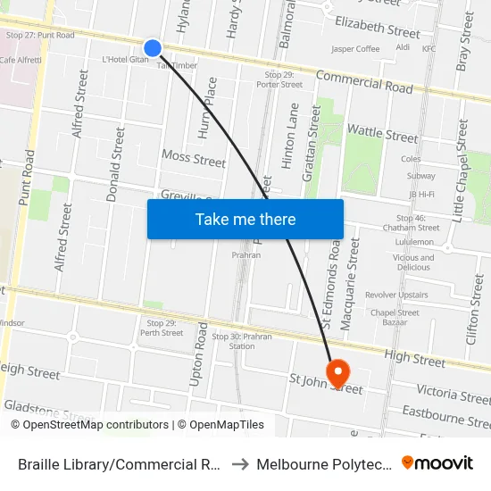 Braille Library/Commercial Rd #28 to Melbourne Polytechnic map
