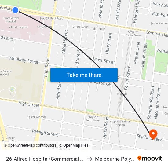 26-Alfred Hospital/Commercial Rd (Prahran) to Melbourne Polytechnic map