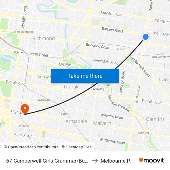 Camberwell Girls Grammar/Burke Rd #67 to Melbourne Polytechnic map
