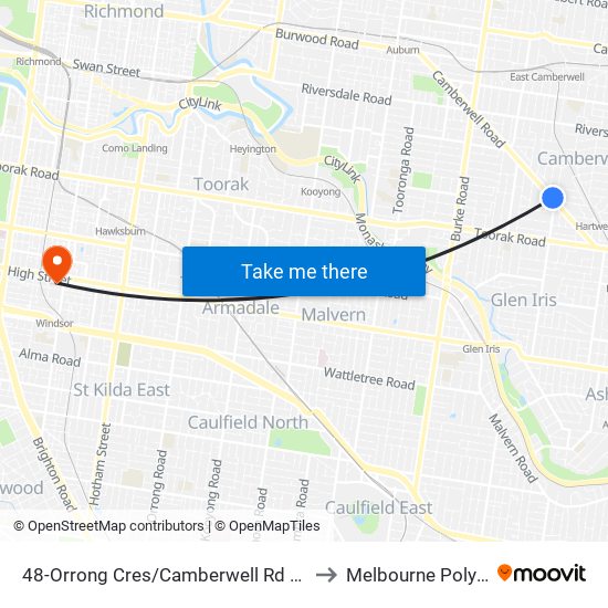 48-Orrong Cres/Camberwell Rd (Camberwell) to Melbourne Polytechnic map