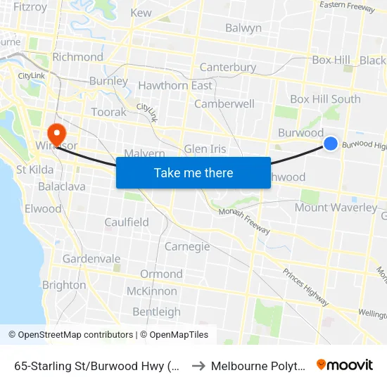 Starling St/Burwood Hwy #65 to Melbourne Polytechnic map