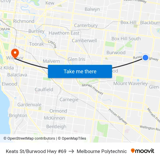 Keats St/Burwood Hwy #69 to Melbourne Polytechnic map