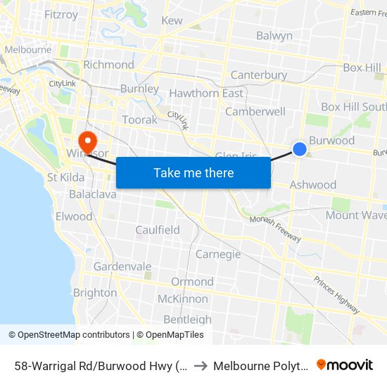 58-Warrigal Rd/Burwood Hwy (Burwood) to Melbourne Polytechnic map