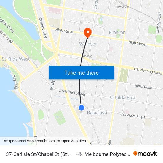 37-Carlisle St/Chapel St (St Kilda) to Melbourne Polytechnic map