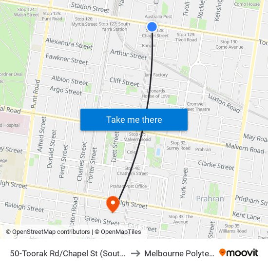 50-Toorak Rd/Chapel St (South Yarra) to Melbourne Polytechnic map