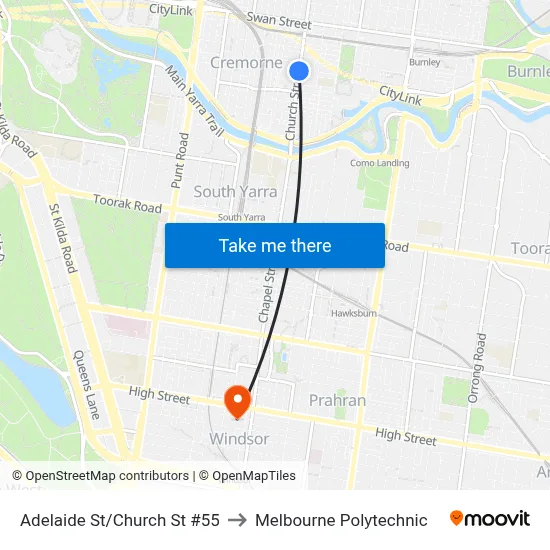 Adelaide St/Church St #55 to Melbourne Polytechnic map