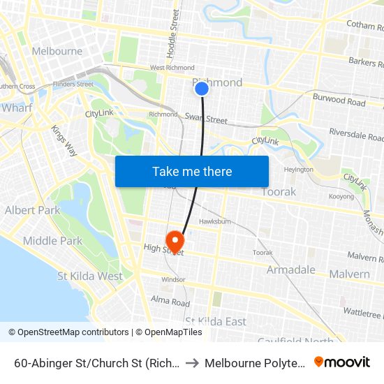 60-Abinger St/Church St (Richmond) to Melbourne Polytechnic map