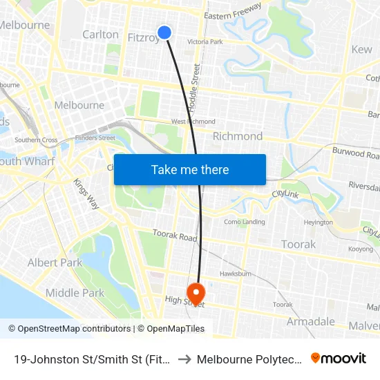 Johnston St/Smith St #19 to Melbourne Polytechnic map