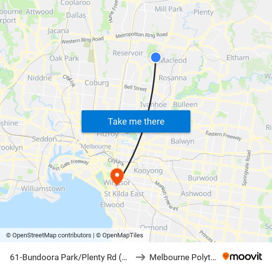 61-Bundoora Park/Plenty Rd (Bundoora) to Melbourne Polytechnic map