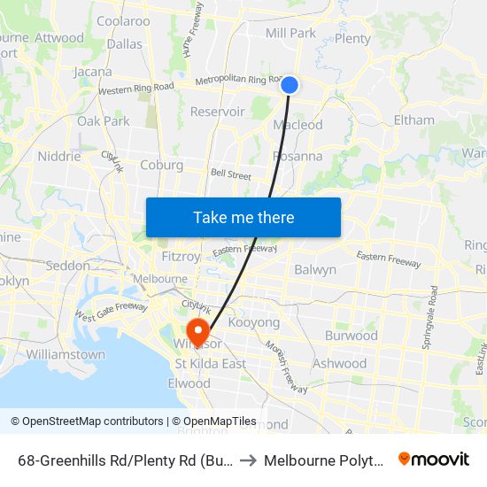 68-Greenhills Rd/Plenty Rd (Bundoora) to Melbourne Polytechnic map